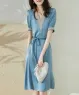 Đầm lụa cổ V viền ren cao cấp màu xanh