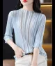 Áo len tay lỡ sọc phối màu cổ lọ màu Xanh lam