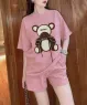 Set bộ short thun cotton họa tiết gấu nâu phối nơ màu Hồng