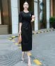 Đầm suông thun dáng dài cut out eo nhún eo màu Đen