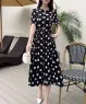 Đầm sơ mi dáng dài chấm bi cổ tàu màu Đen trắng