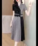 Đầm sơ mi lụa dập ly phối màu kèm belt màu Xám