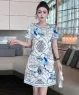 Đầm suông chữ A tay ngắn hoa văn sang trọng màu Trắng, xanh