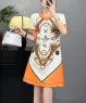 Đầm suông chữ A cổ tròn viền màu phối họa tiết màu Trắng, cam