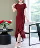 Đầm dự tiệc dáng ôm đuôi cá phối voan thêu màu Đỏ