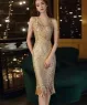 Đầm dạ hội kim sa tay đính hạt cao cấp màu Vàng