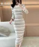 Đầm len body dáng dài sọc ngang cổ tròn màu Trắng