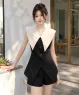 Set bộ short lụa cổ lá lớn cao cấp màu Đen cổ trắng
