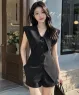 Set bộ short lụa cổ lá lớn cao cấp màu Đen